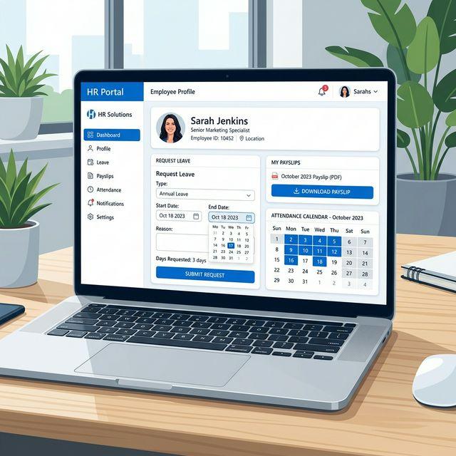 Employee self-service portal on a laptop with a leave request form, payslip downloads and an attendance calendar