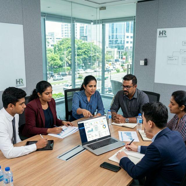 An HR team reviewing workforce dashboards on a laptop in an office meeting room
