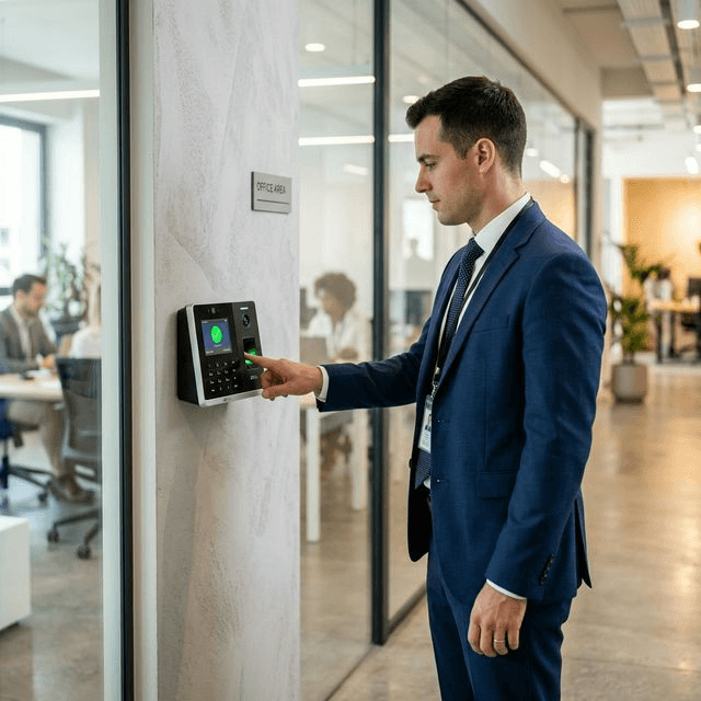 An employee scanning their fingerprint on a wall-mounted attendance terminal at an office entrance