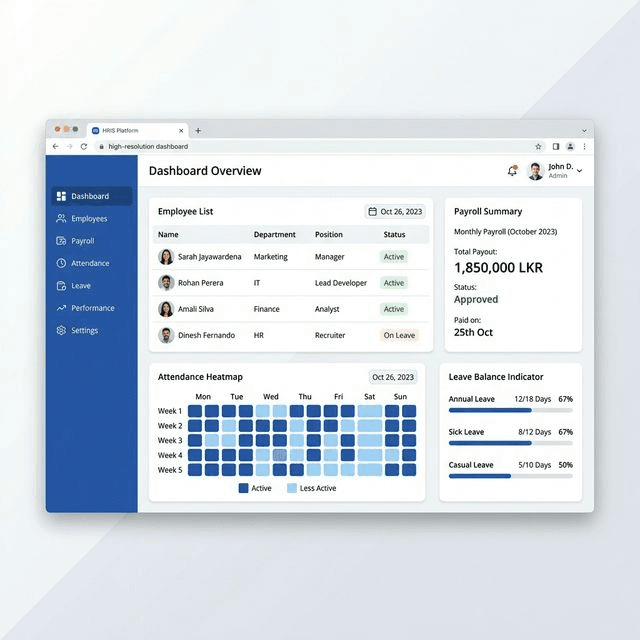 LiveUHris dashboard with an employee list, monthly payroll summary, attendance heatmap and leave balances