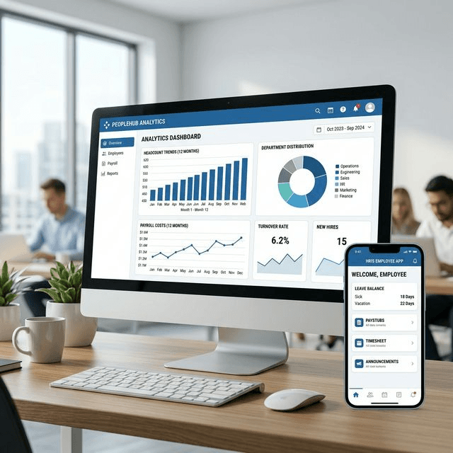 HR analytics dashboard showing headcount trends, payroll costs and turnover rate, next to the employee app on a phone